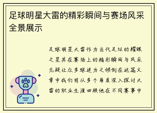 足球明星大雷的精彩瞬间与赛场风采全景展示